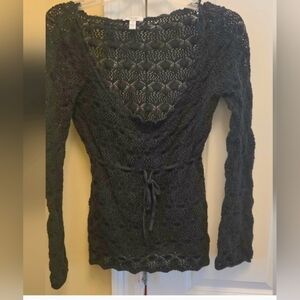 Cache Womens Black Round Neck Sweater with Crocheted Knit Ties Under  Bust 90's
